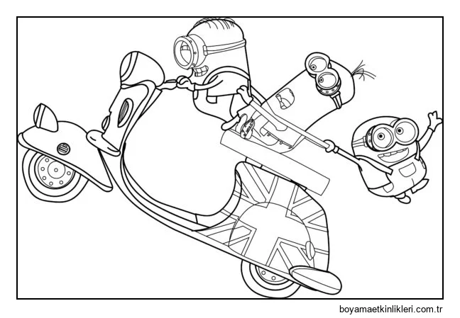 Minyonlar motosiklete biniyor.