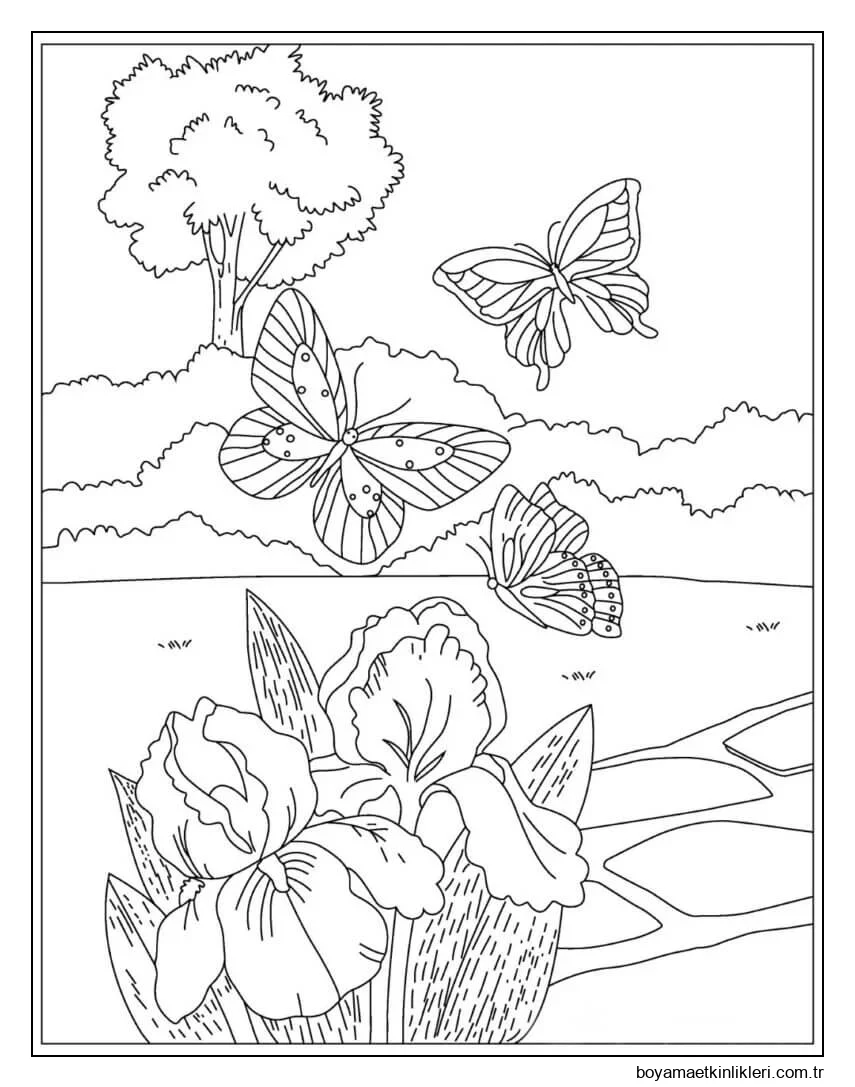 Çiçekli ve Ağaçlı Üç Kelebek