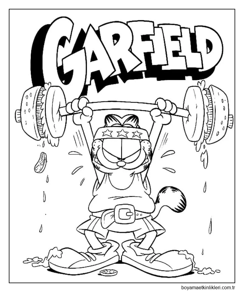 Garfield bir bar hamburger kaldırıyor.