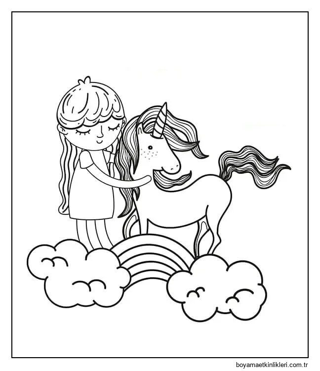Gökkuşağı üzerinde tek Boynuzlu Atlı Kız
