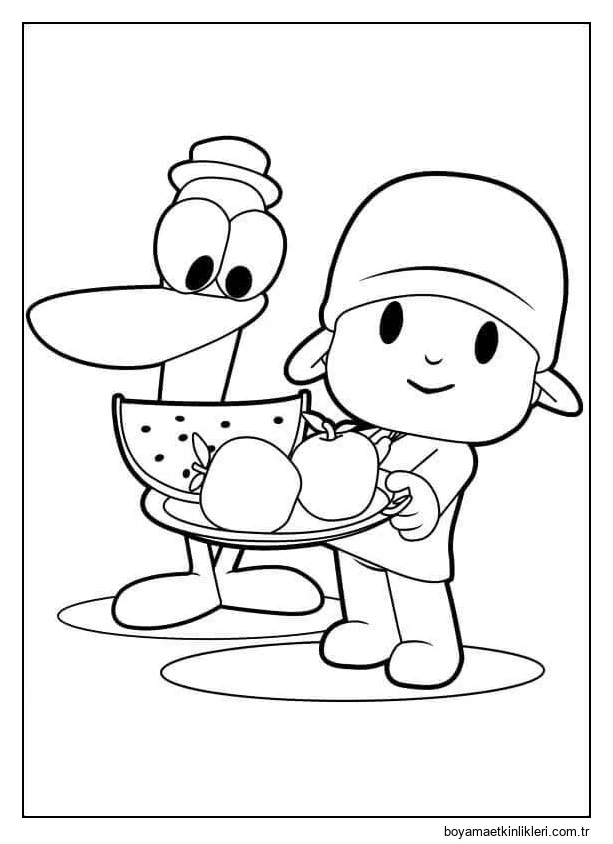 Pocoyo ve Pato bir kase Meyve Tutuyor