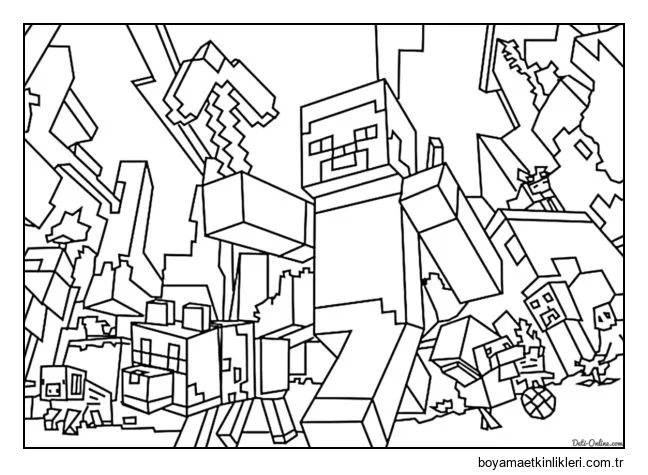 Tüm karakterleri, düşmanları ve hayvanlarıyla Minecraft dünyasından bir